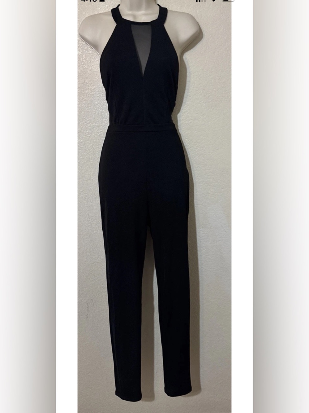 Black Slim Leg Mesh Jumpsuit Women Sheer Chest Cutout Sleek Minimalist Chic
